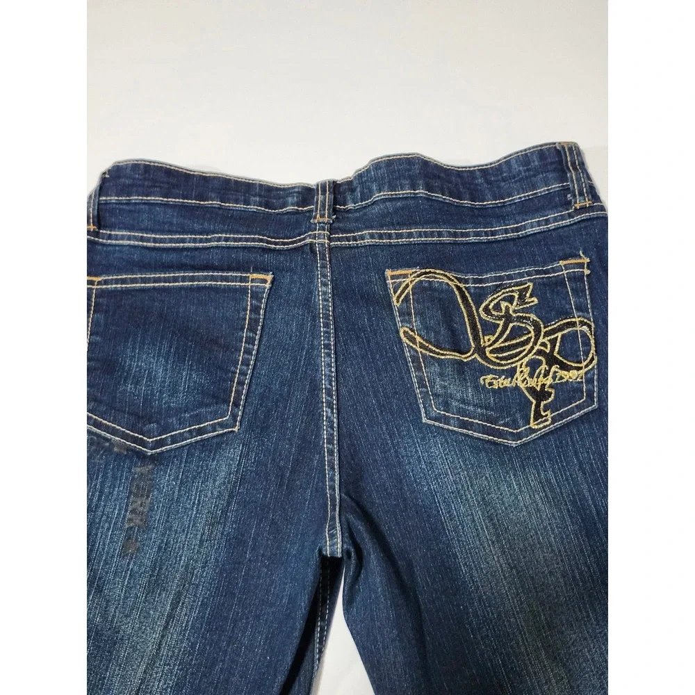 Southpole Y2K Womens Flare Jeans Dark Wash Gold Embroidered Streetwear Size 9